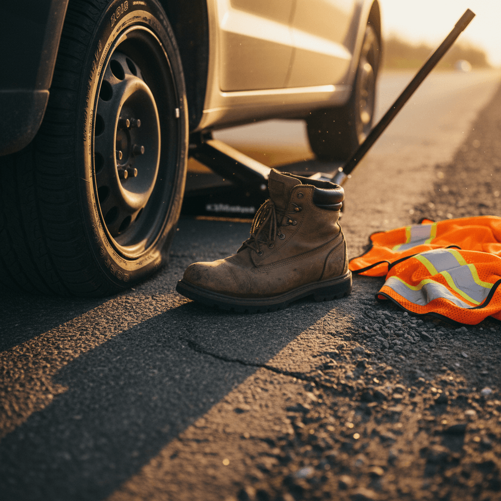Flat tire on highway shoulder