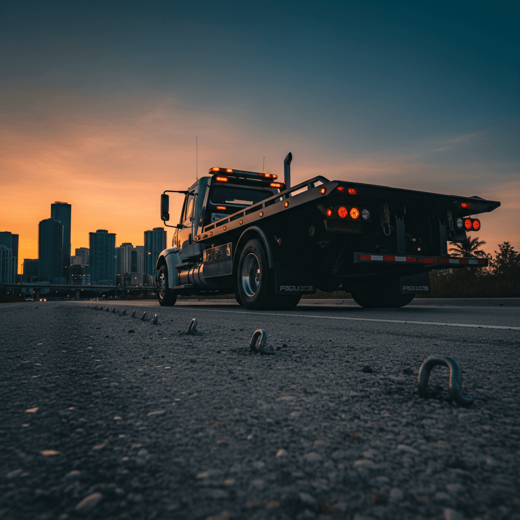 Flatbed tow truck on a Miami roadside at dusk