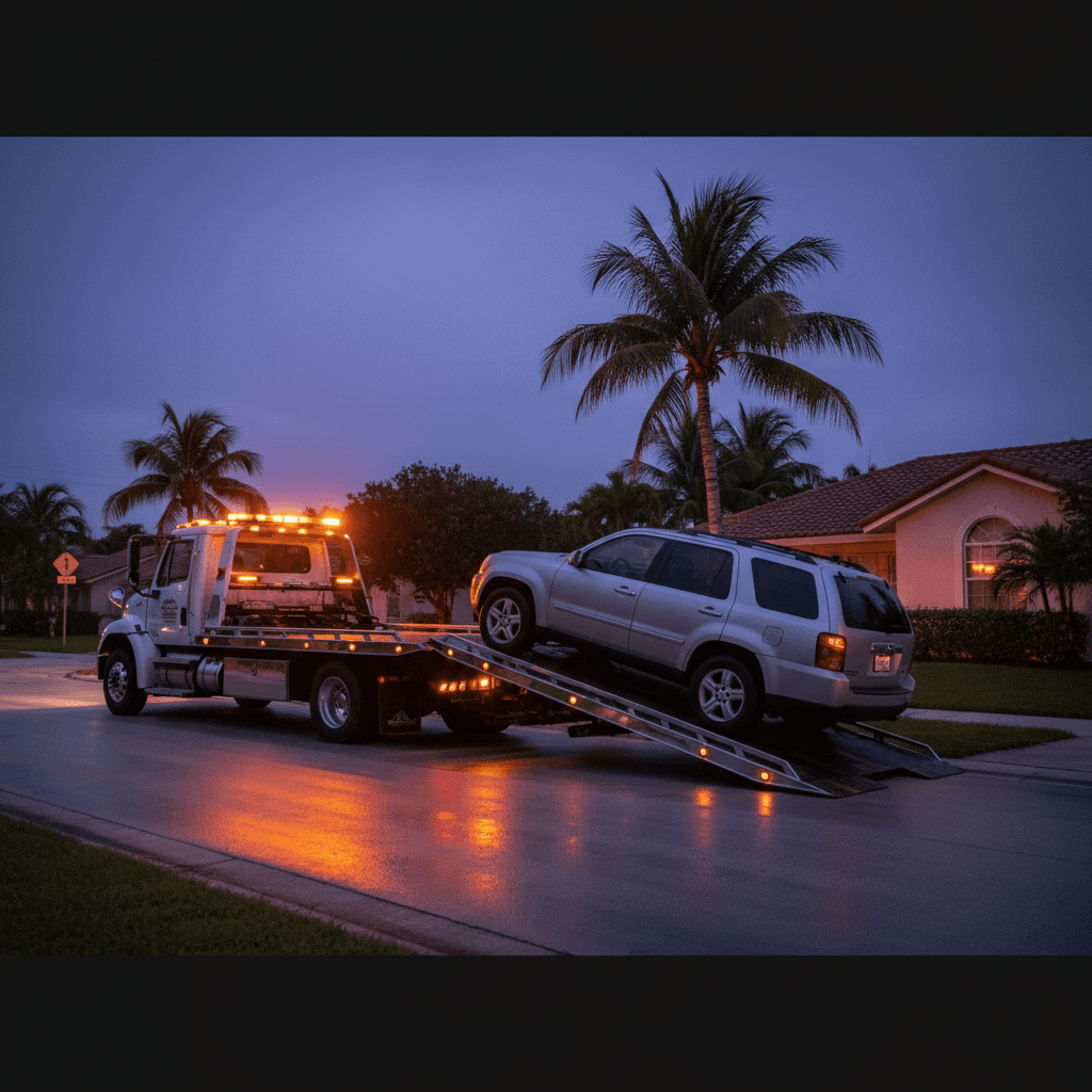 Flatbed tow truck backing up