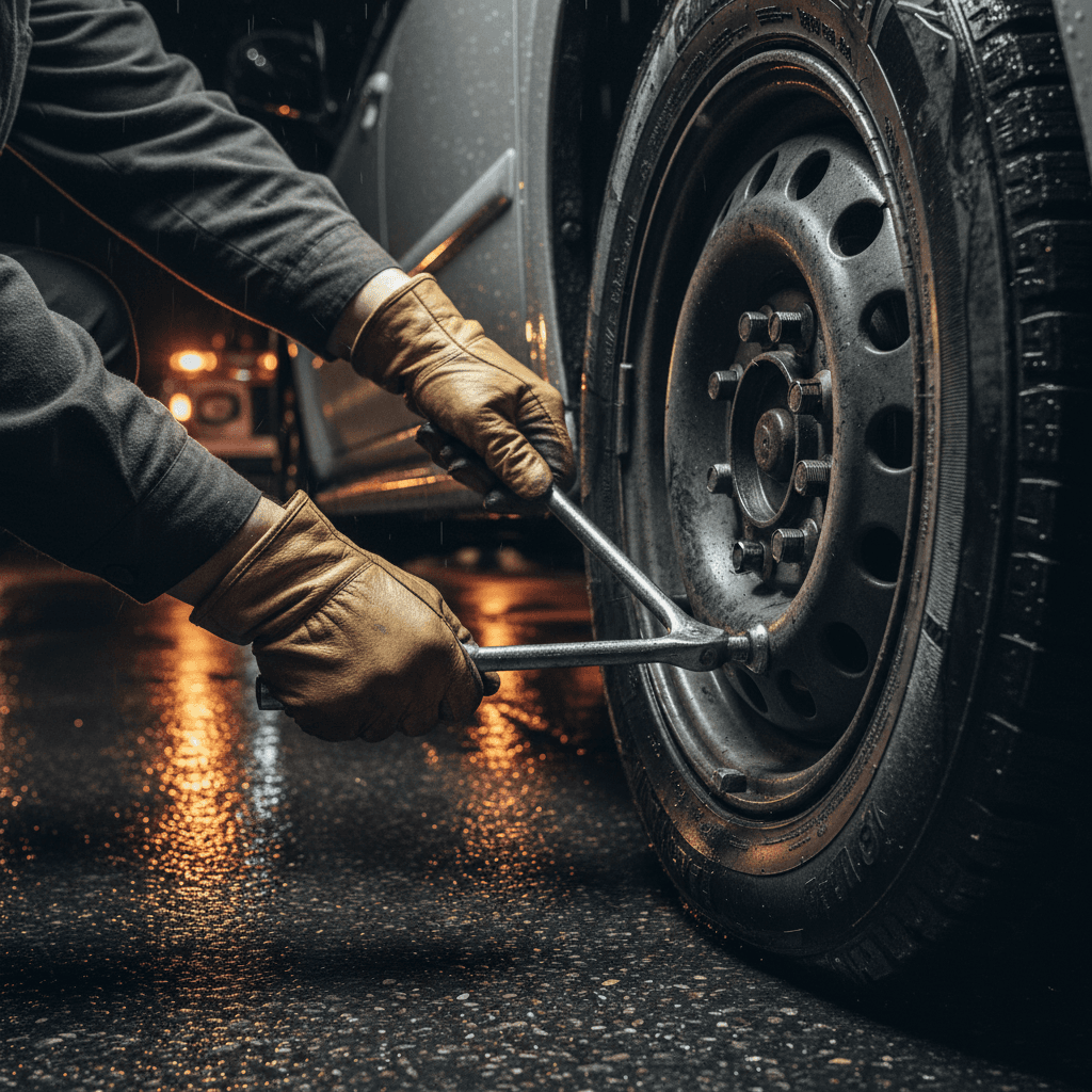 Flat tire change on the roadside
